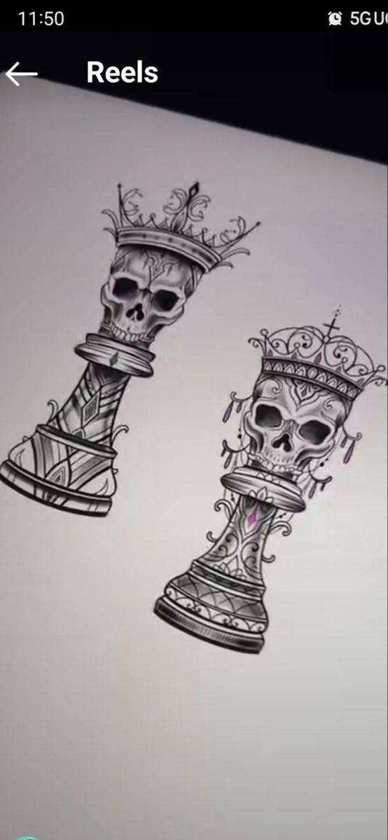 two skulls with crowns on their heads are depicted in this tattoo art piece, which appears to have been drawn onto a sheet of paper