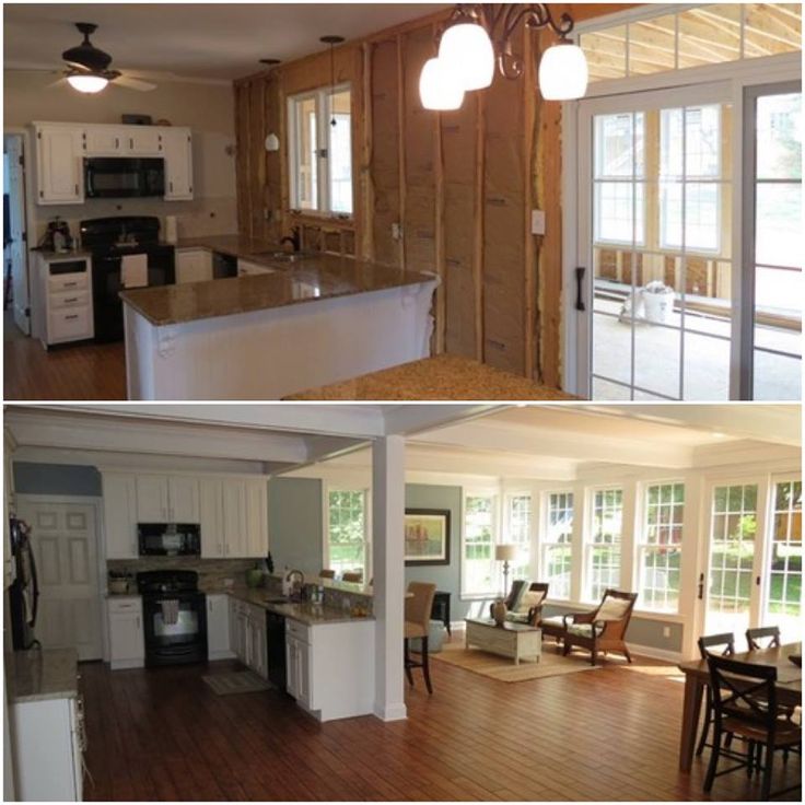 two pictures of the inside of a house with wood flooring and white cabinets in it