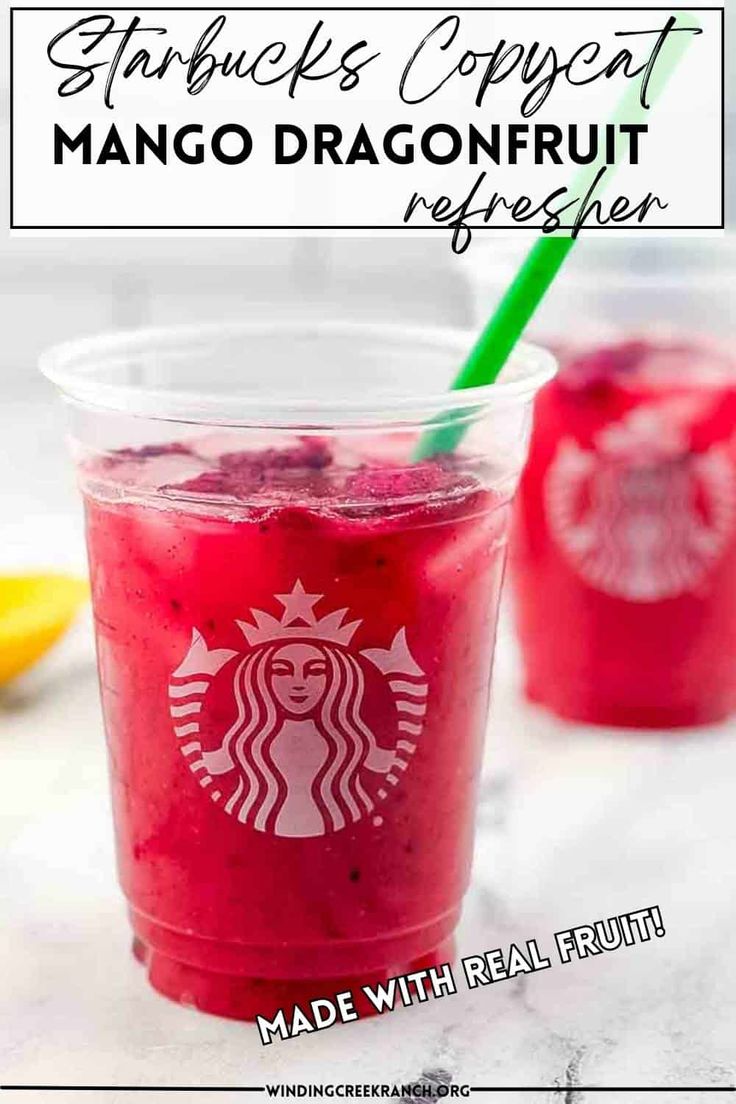 starbucks dragonfruit refresher is made with real fruit and topped with a green straw