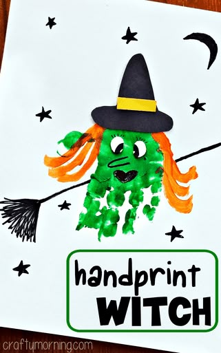 a handprinted witch card with an orange hair and black hat on it's head