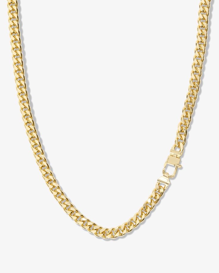 For him, for her, for everyone. A Cuban style chain, with its oval interconnected links, has been a timeless staple in the jewelry boxes of both men and women for years. The Julian Cuban Chain Necklace in 6.8mm is bold enough to wear on its own but still plays well with others.DETAILS: Cuban Chain Necklace Available in Lengths: 18”, 22" or 24" Width: 6.8mm Signature MM Padlock Clasp SKU: N6230 MATERIALS:18k Gold Plated Over Brass Everyday Curb Chain Necklace With Rectangular Links, Classic Jewelry With Chunky Cuban Link Chain, Cuban Link Necklace With Oval Links As Gift, Cuban Link Necklace With Oval Links For Gift, Oval Link Cuban Necklace With Solid Construction Gift, Classic Cuban Link Chunky Chain Jewelry, Gift Cuban Link Necklace With Solid Oval Link, Cuban Link Necklace With Solid Link Construction, Classic Cuban Link Necklace With Chunky Chain