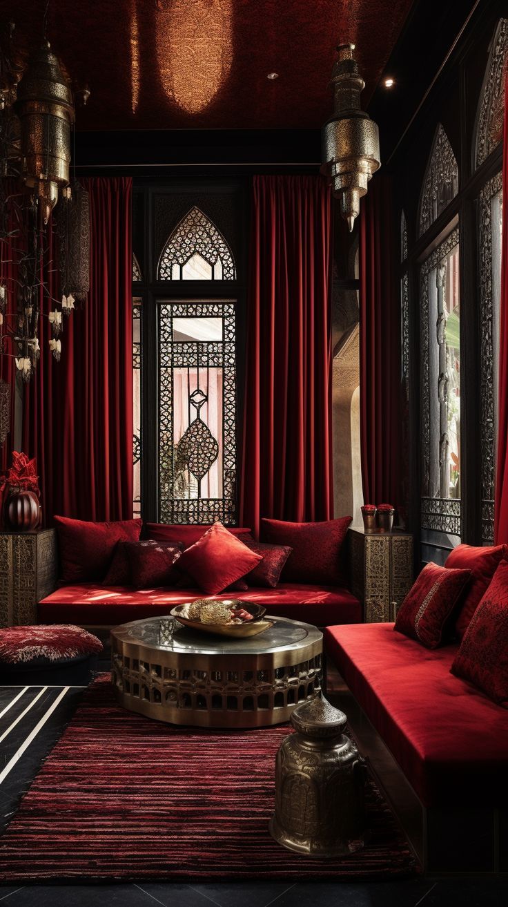 Moroccan Interior Design Eastern Interior Design, Middle Eastern Interior, Middle Eastern Interior Design, Dark Boho Living Room, Middle Eastern Decor, Boho Living Room Inspiration, Moroccan Interior Design, Interior Design Masters, Dark Boho