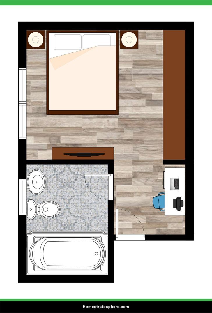 an overhead view of a small bathroom and living room in a tiny apartment with wood flooring