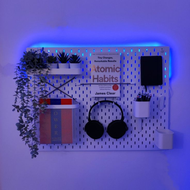 ikea pegboard led light 48 laws of power atomic habits Neon Sign Desk Setup, Peg Board Gaming Setup, Led Lights Desk Aesthetic, Dorm Room Gaming Setup, Gaming Pegboard, Ikea Pegboard Ideas, Room Ideas Led Lights, Groovy Bedroom, Ikea Pegboard