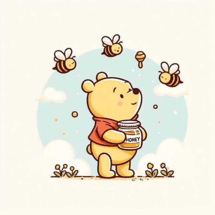 a cartoon bear holding a jar of honey with bees flying around in the sky behind it