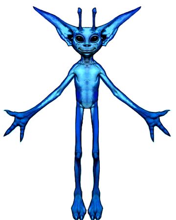 an animated blue alien standing with its arms and legs spread out in front of the camera