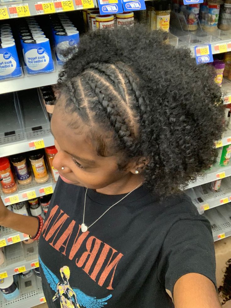 Cornrow Braid Out Natural Hair, Braids Into Natural Hair, 4 Braids In The Front With Hair Down, Braid Afro Hairstyles, 2 Braids With Puff Natural Hair, Natural Hair Styles Twist Out, Cute Natural Hairstyles With Braids, Hair Styles Natural Hair Black 4c, 4c Natural Hairstyles Pictures