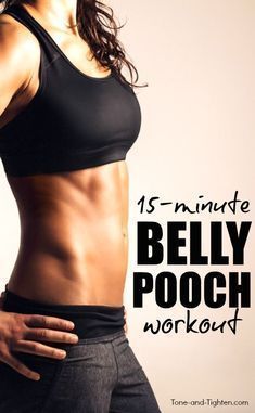 a woman with her arms behind her back and the words 15 minute belly pooch workout