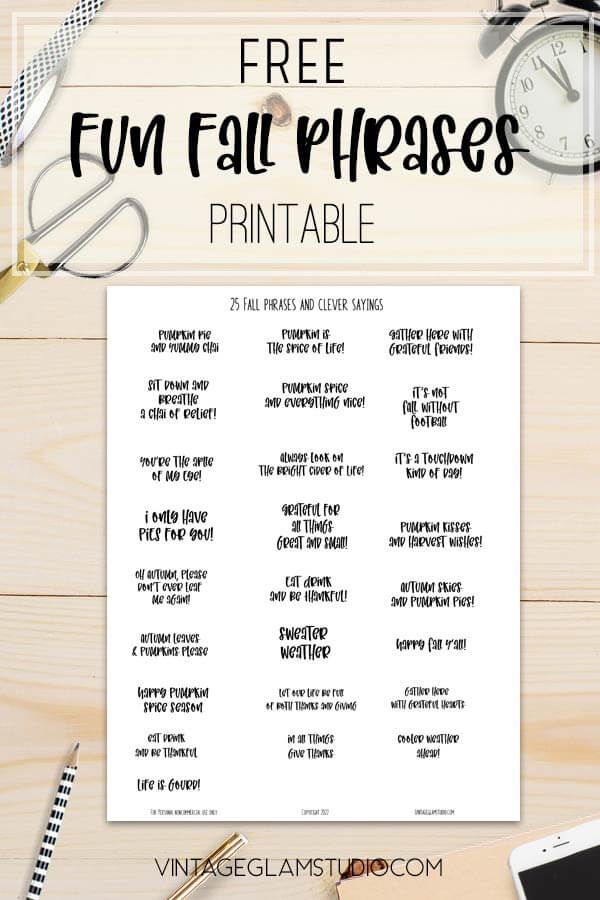 the free printable fun fall phrases for kids to use in their writing and crafts