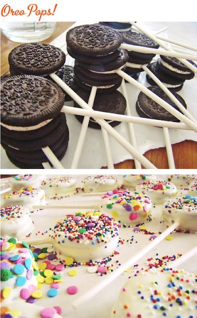 oreo pops with white frosting and sprinkles are on the table