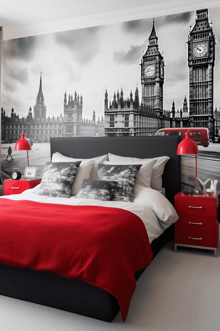 a bed room with a neatly made bed and a large clock tower wall mural behind it