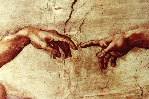 two hands touching each other with one hand reaching out to the other, in an old painting