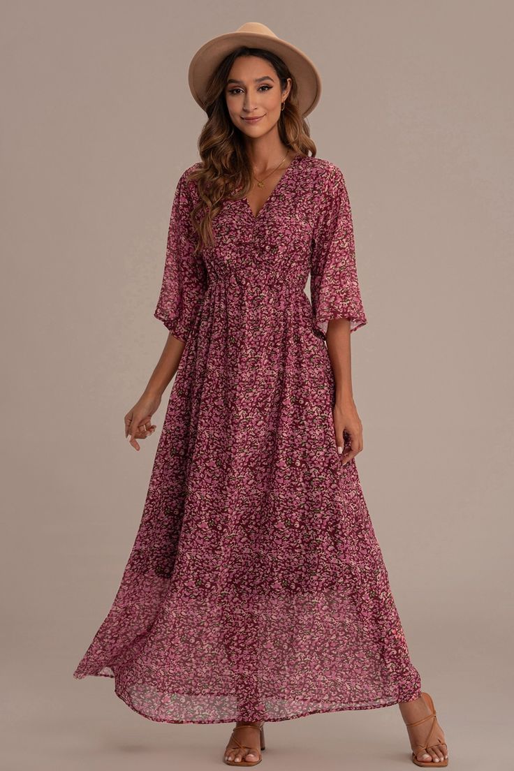 V Neck Half Sleeve Ditsy Floral Maxi Dress Dresses Casual Maxi, Casual Ditsy Floral Print Maxi Dress For Fall, Flowy Ditsy Floral Maxi Dress, Casual Ditsy Floral Print Maxi Dress, Elegant Ditsy Floral Print Maxi Dress For Vacation, Elegant Flowy Maxi Dress With Ditsy Floral Print, Fall Flowy Maxi Dress With Ditsy Floral Print, Chic Flowy Maxi Dress With Ditsy Floral Print, Casual Fall Maxi Dress With Ditsy Floral Print