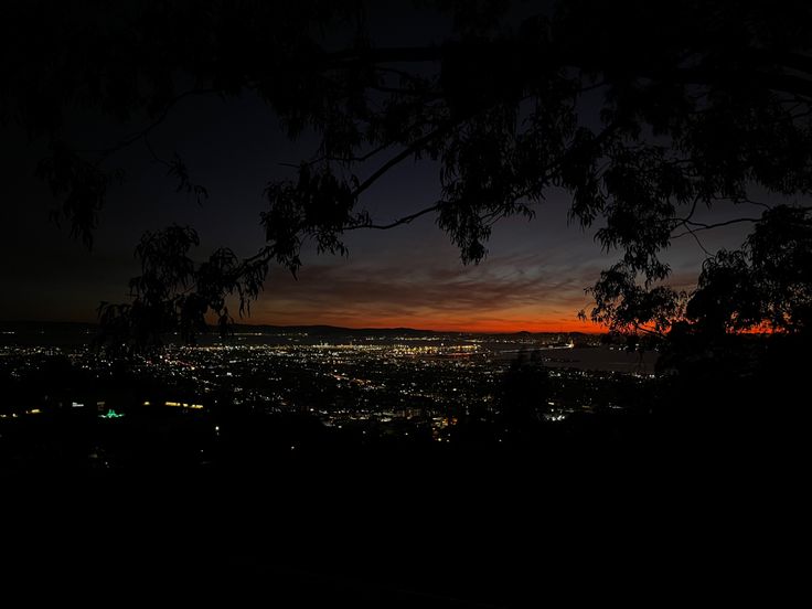 the sun is setting over a city with lights in the distance and trees on the ground