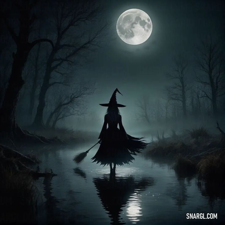 a witch sitting on her broom in the water at night