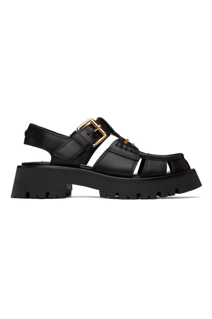 Alexander Wang: Black Carter Cage Sandals | SSENSE Cage Sandals, Shoes 2022, Caged Sandals, Alexander Wang, Leather Heels, Flat Sandals, Patch Logo, Calf Skin, Ankle Strap