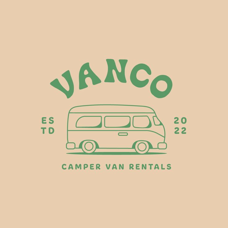 vanco camper van rentals logo with the words vanco in green on a beige background