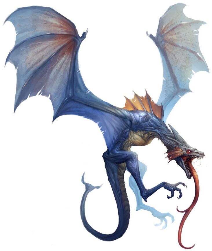 a blue dragon with orange wings is flying in the air and has it's mouth open