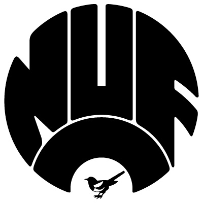 a black and white logo with a bird on it's head in the center