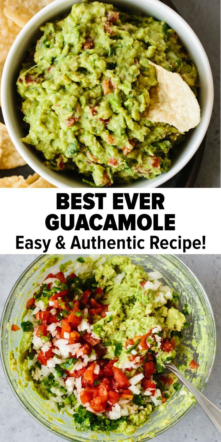 two bowls filled with guacamole and tortilla chips on the side