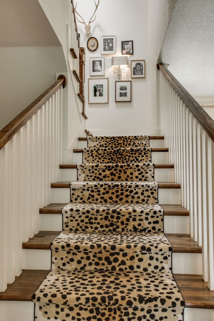 the stairs are decorated with animal prints and framed pictures on the wall above them, along with an area rug that looks like a leopard print