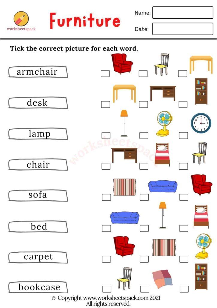 the furniture worksheet for kids to learn how to write and use it as an activity