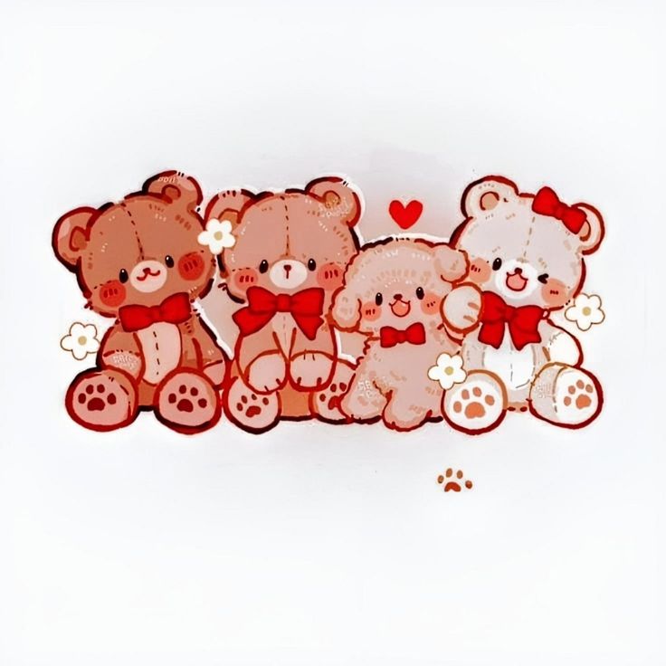 three brown teddy bears sitting next to each other on a white surface with hearts in the background