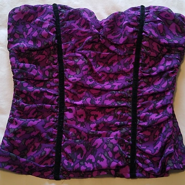 Nwt Cool Bustier, Purple, Gray, And Black, Side Zipper, Elastic Gathered Back, Black Velvet Trim In Front And Back, Lined Except In Gathered Area In Back Summer Purple Corset, Purple Tops With Built-in Bra For Night Out, Pink Slip Dress, Blue Cami, Black Lace Cami, Cotton Camisole, No Strings Attached, Maternity Tank Tops, Lace Trim Cami