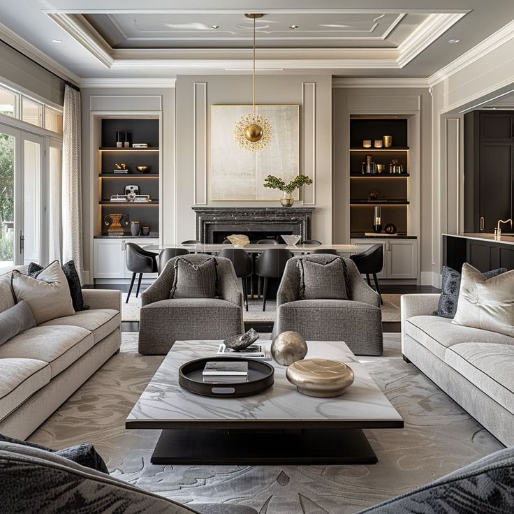 a living room with couches, chairs and a coffee table in front of a fireplace