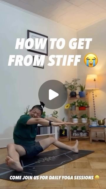 a woman sitting on top of a yoga mat with the words how to get from stiff