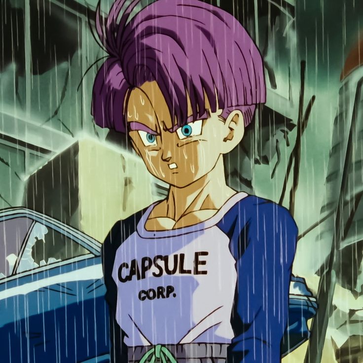 an anime character with purple hair and blue eyes standing in front of a car on a rainy day