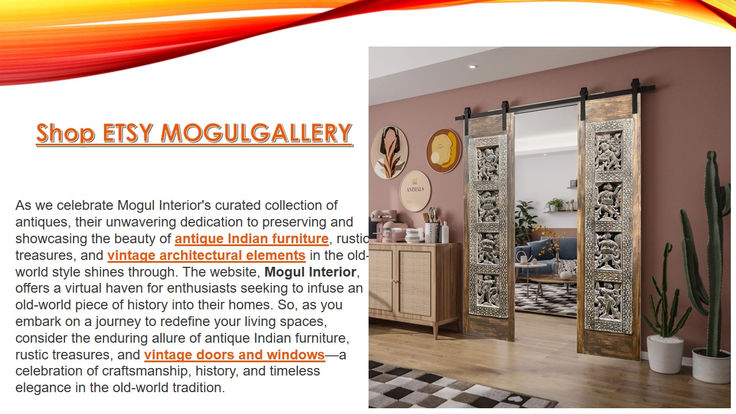 an advertisement for a furniture store featuring decorative mirrors and wooden cabinets with carved designs on the doors