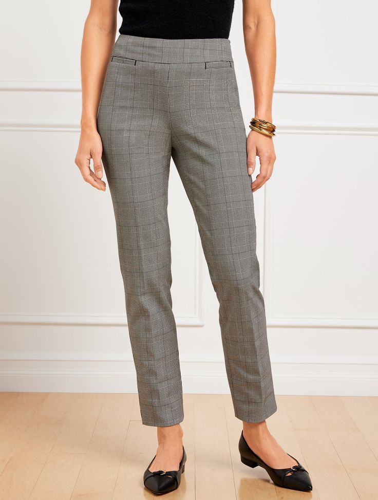 Our favorite wear-everywhere, Talbots Chatham Slim Ankle Pants in a timeless glen plaid pattern. This classic cut is always elegant, with its smoothing side zip closure. Features front and back welt pockets. Cotton bi-stretch fabric offers comfort and versatility. Features Slim Leg Hits At Waist Ankle Length Side zip closure Front and Back Welt Pockets Imported Fit: Misses: 29"; Petite: 26 1/2" Material: 54% Cotton, 37% Rayon, 9% Spandex Care: Machine Wash Cold; Only Non-Chlorine Bleach When Nee Elegant Plaid Pants For Business, Elegant Plaid Pants For Workwear, Elegant Plaid Pants For Business Casual, Elegant Plaid Business Casual Pants, Elegant Fitted Plaid Bottoms, Elegant Fitted Plaid Pants, Classic Plaid Bottoms For Business Casual, Classic Plaid Pants For Office, Classic Plaid Pants For Business Casual