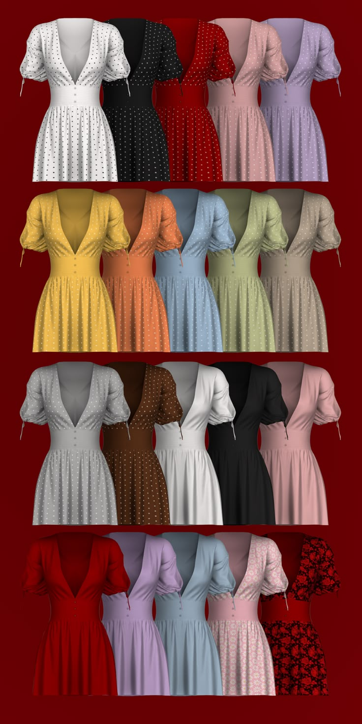 several different colored dresses are arranged in rows on a red background, with the same color as