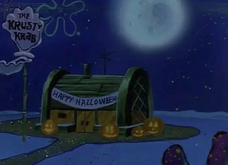 a cartoon house with pumpkins on the ground