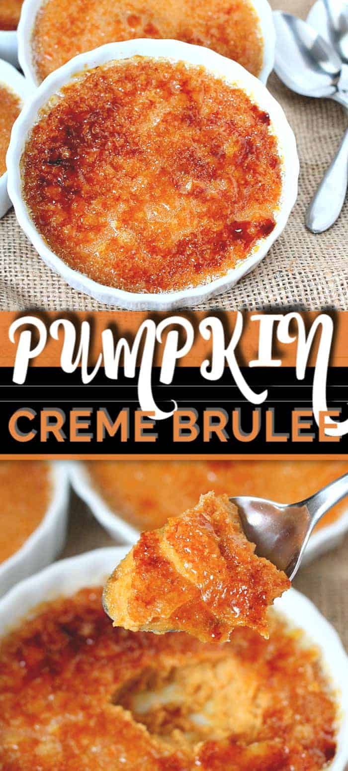 pumpkin creme brulee is served in white bowls with spoons on the side