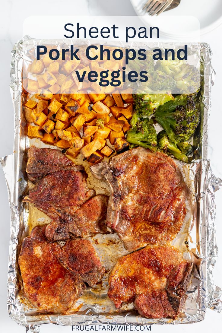 sheet pan pork chops and veggies with text overlay