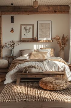 a bed sitting in a bedroom on top of a wooden floor next to a window