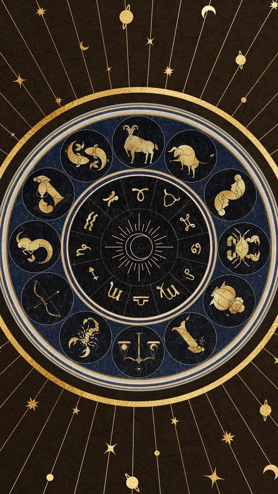 an astro wheel with zodiac signs and stars in the middle on a black background, surrounded by golden lines