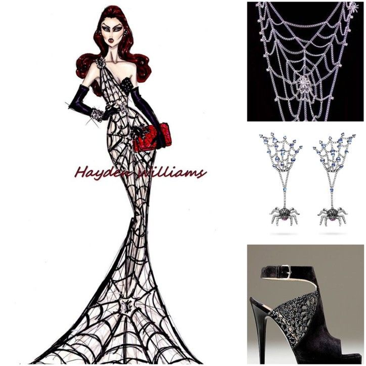 a drawing of a woman in a dress and heels with spider webs on it