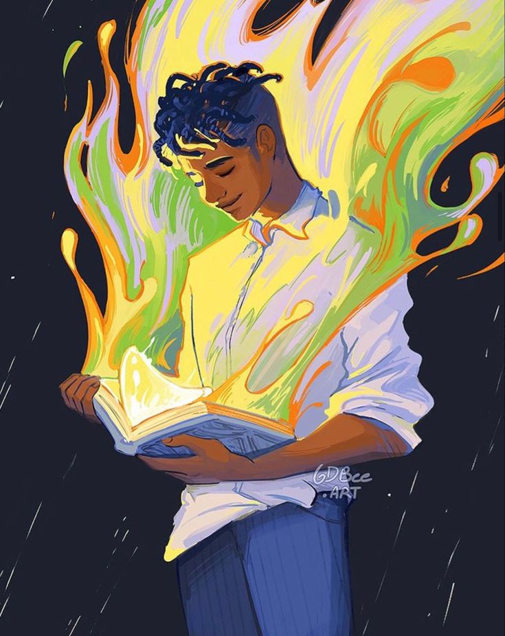 a woman reading a book with flames coming out of her head