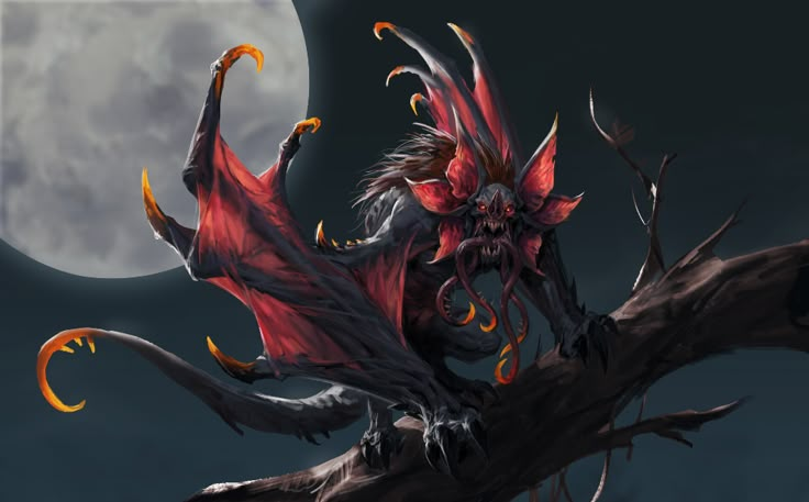 a demonic demon sitting on top of a tree branch