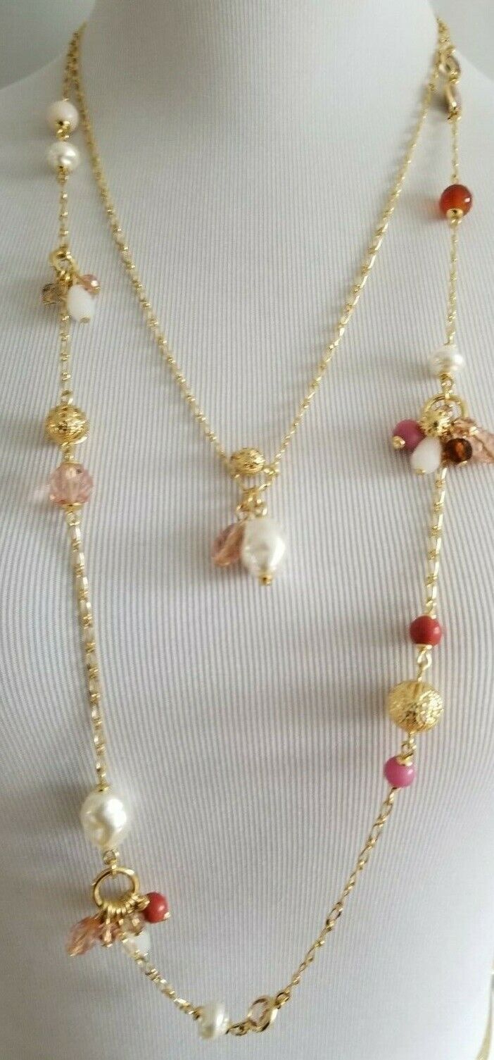 Welcome Item Description Fun. Imaginative. Add instant charm to any outfit with this layered necklace. -Clasp: Lobster - Fit: 22", 32" + 3" Extender - Material: Steel 10%, Brass 35%, Glass 16%, Zinc 5%, Synthetic Stone 12%, Semi Precious 4%, Acrylic Pearl 17%, CZ 1% - Color: Ivory Pearl Multi - $ 59.50. Return Policy: Item must be in original condition with original tag(s) to qualify for refund. The buyer is responsible for the return postage. Refund is issued through PayPal only. Please contact me immediately if items (s) are damaged upon arrival. SATISFACTION GUARANTEED! Please DO NOT post Negative or Neutral feedback comment. If you are not happy with your purchase (for ANY reason) and you feel that I have not earned your five stars Positive feedback, please tell me why and I will do wh Multi-strand Necklace With Lobster Clasp, Multi-strand Beaded Chain Necklace, Double Strand Beaded Chain Necklaces For Jewelry Making, Double Strand Beaded Chain Necklace For Jewelry Making, Handmade Long Necklace For Layering, Adjustable Double Strand Necklace For Parties, Adjustable Double Strand Party Necklace, Long Double Chain Necklace, Double Strand Charm Necklace As Gift