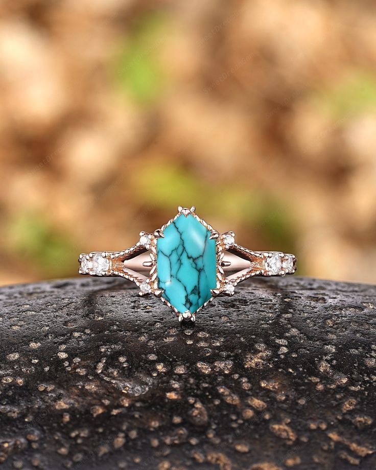 ►Engagement Ring: Center Stone: 1CT Turquoise Size: 5X9mm Hexagon Cut  Shank Width: Approx. 1.6mm Side stone: Moissanite Weight: 0.85ct The center stone of the ring can be replaced with other different kinds of gemstone such as morganite, aquamarine, amethyst, citrine, opal, moissanite, alexandrite, moss agate, etc. If you want to customize your own personal ring, please feel free to contact me. ► PROCESSING & SHIPPING Processing time: 3 to 4 weeks after placing order, International Buyers Pleas Gift Turquoise Diamond Ring With Center Stone, Gift Turquoise Ring With Diamond Center Stone, Elegant Diamond Turquoise Ring For Anniversary, Elegant Turquoise Diamond Ring For Anniversary, Elegant Turquoise Emerald-cut Jewelry, Elegant Turquoise Emerald Cut Jewelry, Elegant Diamond Turquoise Ring As A Gift, Elegant Turquoise Diamond Ring With Center Stone, Turquoise Diamond Rings With Center Stone