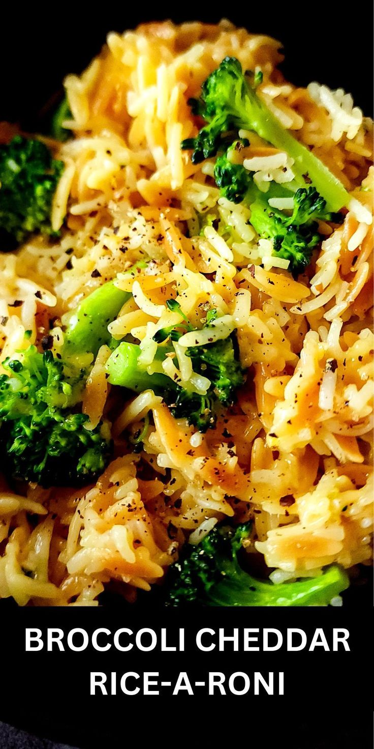 broccoli cheddar rice - a - roni on a black plate