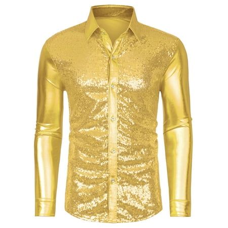 Long sleeves, sequin design, and sparkling make you eye-catching in the crowd. The classic button-down party shirt and slim tailoring perfectly show your charm. This sequined shirt is matched with a bow tie, trousers, shirt, blazer, and tuxedo to create a bright and handsome appearance. Suitable for multiple occasions, nightclubs, performance costumes, birthday parties, hip-hop, music festivals, Christmas, Halloween, role-playing, etc. Measurement (in inches) International Size----------Chest Gi Fitted Gold Party Shirt, Gold Fitted Party Shirt, Gold Long Sleeve Party Shirt, Gold Shirt For Fall Party, Gold Party Shirt For Spring, Gold Spring Party Shirt, Gold Button-up Shirt For Party, Gold Shirt For Summer Party, Gold Party Shirt For Summer