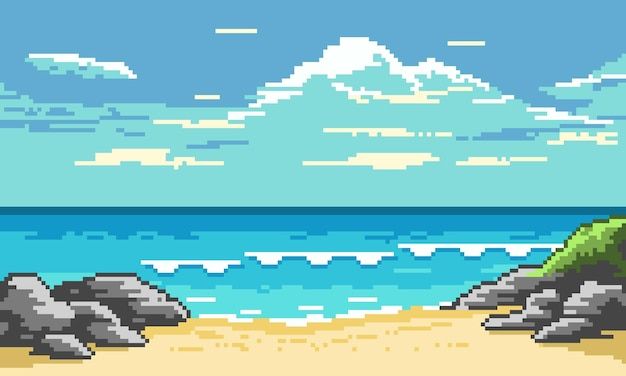 an image of a beach scene with rocks and water in the background, pixel art style