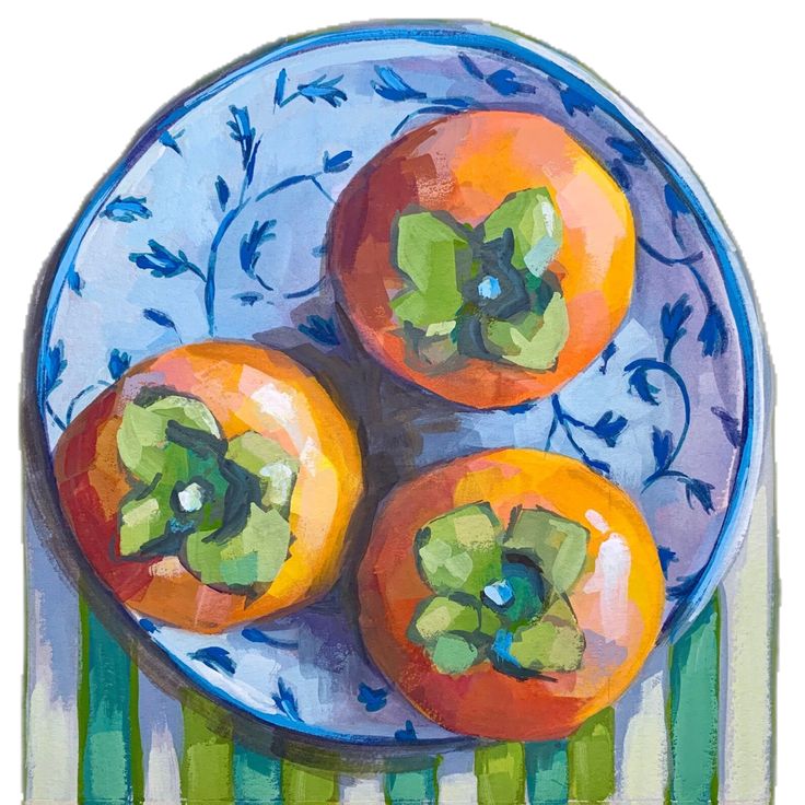 three oranges are on a blue plate with green stems and leaves in the middle