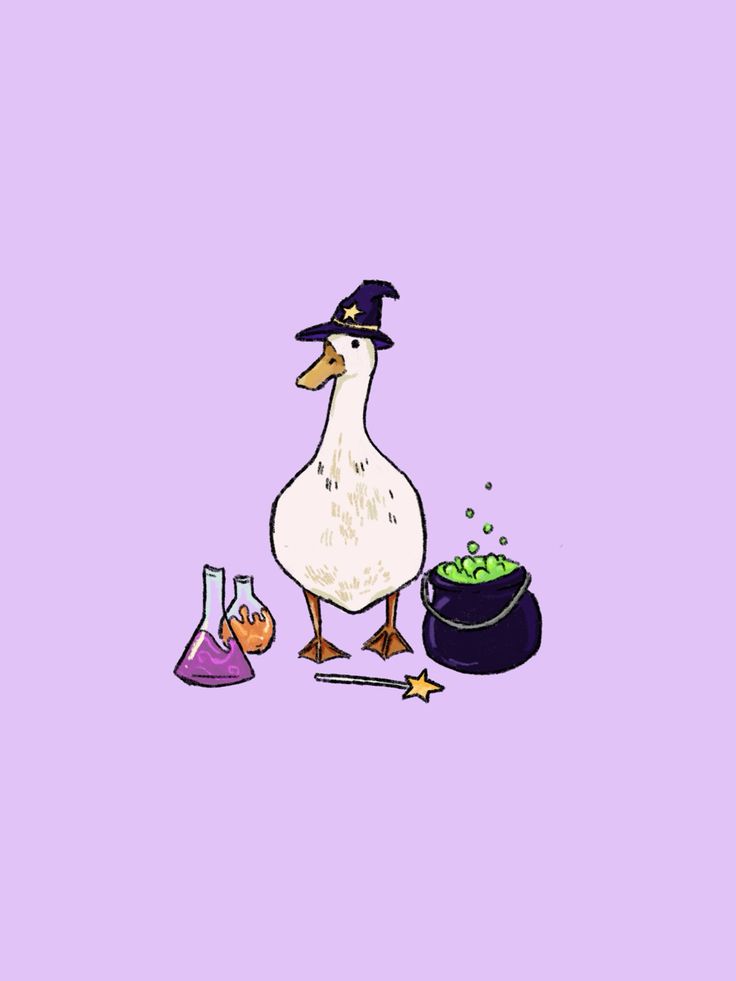 a duck dressed as a witch next to some flasks and a caulder