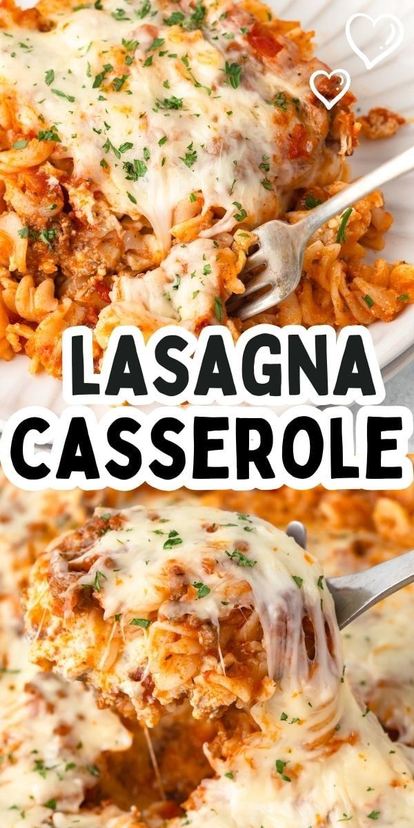 this lasagna casserole is loaded with meat, cheese, and sauce